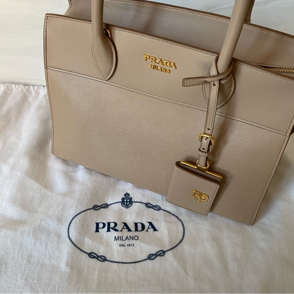 Prada Esplanade Saffiano City Calf Tote Bag Beige Small - Picture 15 of 15